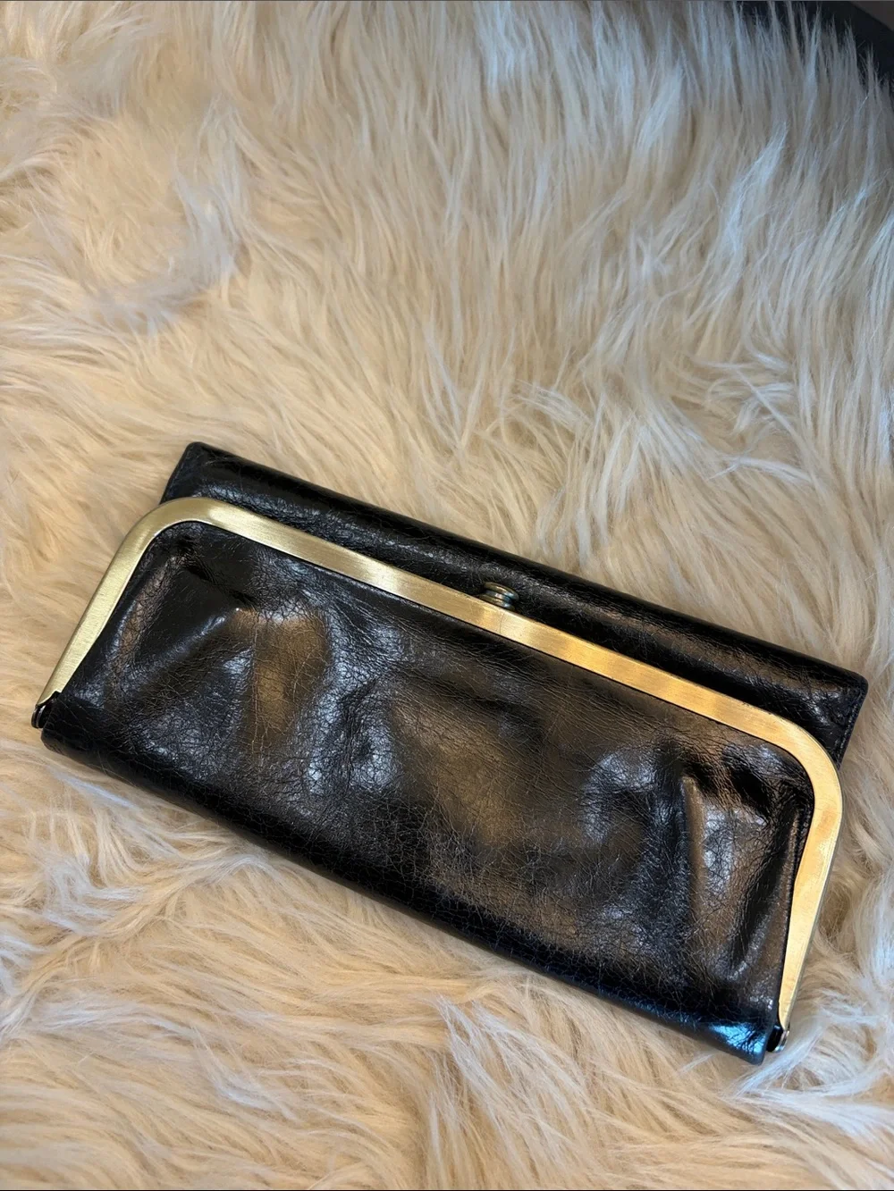 HOBO Black Leather Frame Wallet with Gold-Tone Trim
